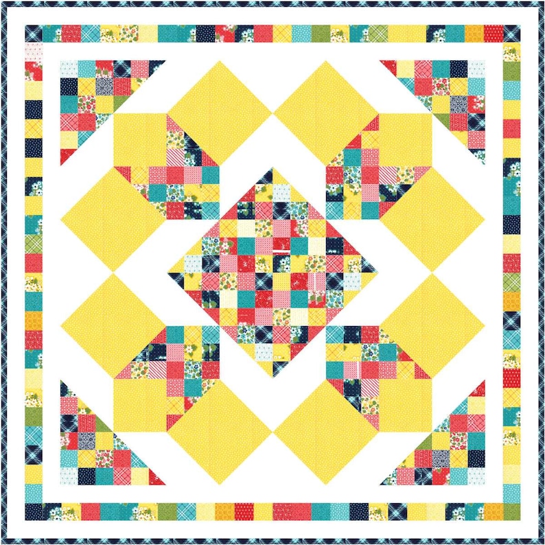 May include: A quilt with a yellow and white geometric pattern. The centre of the quilt features a patchwork of colourful squares. The quilt is surrounded by a border of blue, red and green.