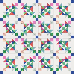 May include: A quilt pattern with a repeating design of colorful triangles. The triangles are arranged in a circular pattern, creating a starburst effect. The quilt is made with a variety of fabrics, including pink, blue, green, and red.