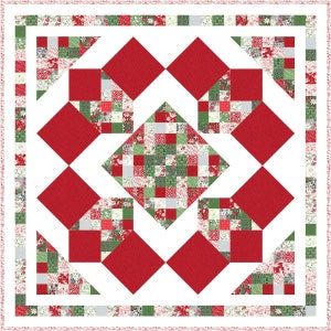 May include: A red and green patchwork quilt with a white background. The quilt is made up of squares and triangles, and it has a border of white and red fabric.