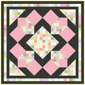 May include: A quilt with a pink and black geometric design. The centre of the quilt is a patchwork of small squares in various floral patterns. The quilt is surrounded by a black border and a yellow and white border.