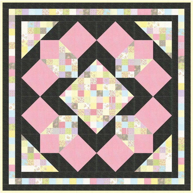 May include: A quilt with a pink and black geometric design. The centre of the quilt is a patchwork of small squares in various floral patterns. The quilt is surrounded by a black border and a yellow and white border.
