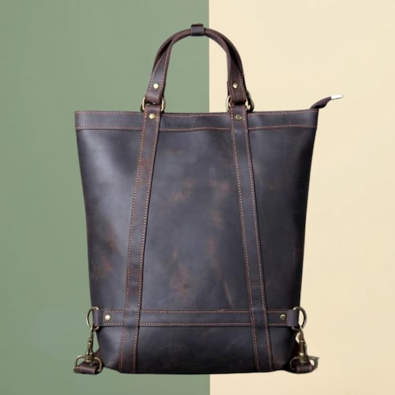 Handmade Leather Convertible Backpack Tote – Unisex Brown  display picture 3