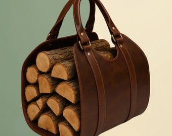 Full Grain Leather Log Carrier, Heavy Duty Firewood Tote, Personalized Gift