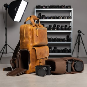 Large Leather Camera Backpack — Vintage DSLR Travel Bag, Big Capacity