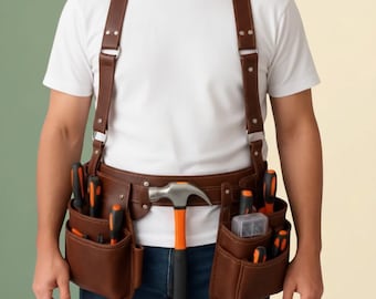Handmade Full-Grain Leather Tool Belt with Suspenders