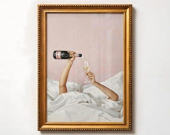 Champagne in Bed Morning Art Print – Luxury Feminine Wall Decor (Digital Download)