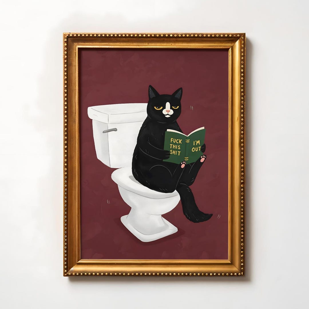Funny Cat Bathroom Poster – Black Cat Toilet Humor Wall Art Comic Print ...
