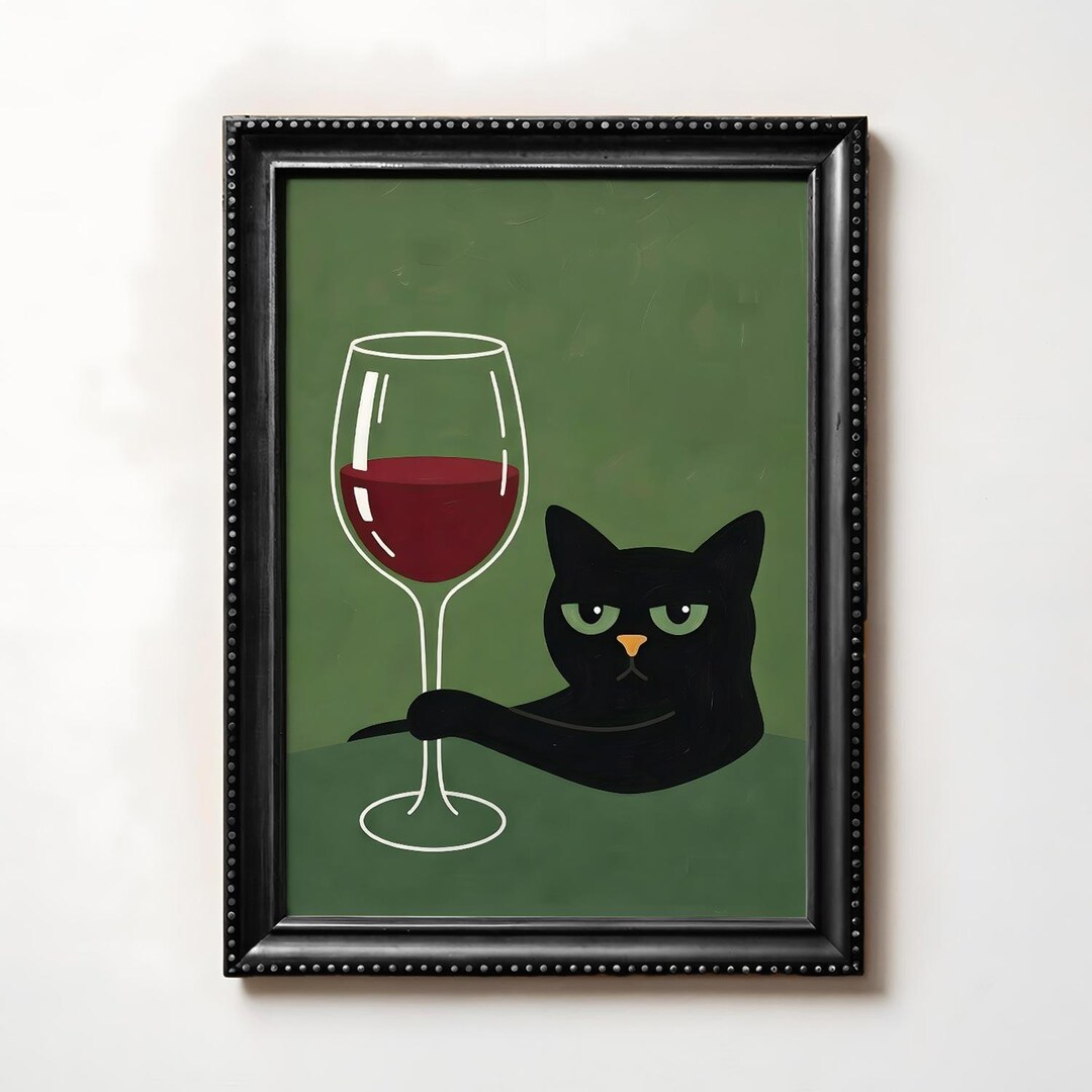 Moody Black Cat & Wine Poster – Retro Animal Funny Green Wall Art Decor ...