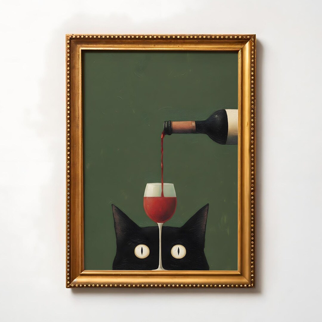 Moody Black Cat & Wine Poster – Retro Funny Animal Wall Art Green Decor ...