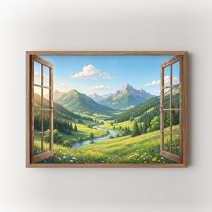 Op de afbeelding: Een ingelijst kunstwerk dat een schilderachtig berglandschap toont, gezien door een open raam. Het kunstwerk toont een groene vallei, een kronkelende rivier en verre bergen onder een blauwe lucht met wolken. De raamkozijn is van hout.