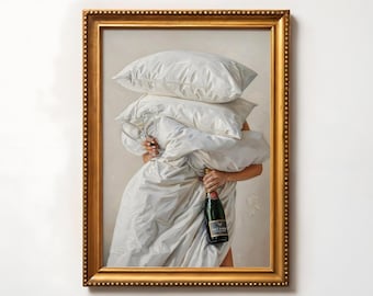 Champagne in Bed Morning Art Poster – Luxury Feminine Wall Art Decor (Digital Download)