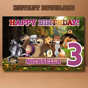 Editable Masha and Bear,  Masha and the Bear Banner, Masha and the bear Backdrop, Masha and  bear party decoration,digital download