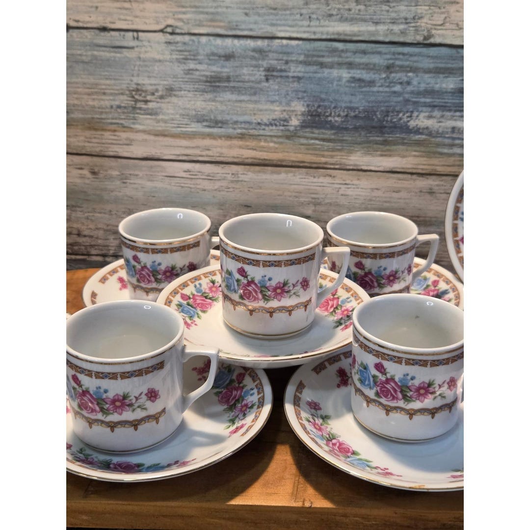 Vintage Floral Tea Cups and Saucers Set of 6 Porcelain Espresso Coffee ...