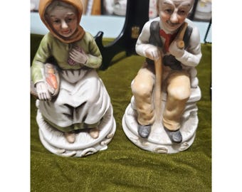 Vintage Elderly Couple Figurines, Grandparent Sitting Porcelain Statues