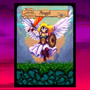 Pode incluir: Imagem pixelizada de uma carta de anjo. O anjo tem cabelo loiro, asas brancas e um vestido branco. Ela segura uma espada com uma chama vermelha e um escudo marrom. A carta tem as palavras "Flying", "Vigilance" e "Angel".