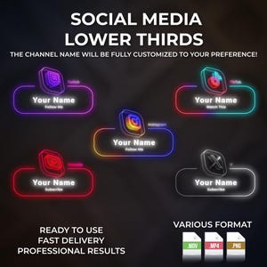 Animated Neon Social Media Lower Thirds Transparent Background Stream Overlay (Digital Download)