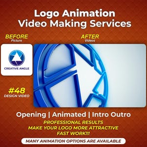 以下が含まれることがあります： ロゴアニメーションビデオサービスのプロモーション用グラフィック。青と白のロゴデザインで、「Logo Animation Video Making Services」の文字が入っています。「Before」と「After」の例や、「Opening | Animated | Intro Outro」などのフレーズが含まれています。