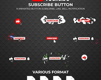 Pacchetto di animazioni per l'iscrizione a YouTube: icone "Mi piace" e "Campanella" sovrapposte video trasparenti.