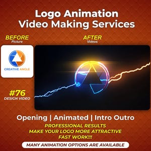 以下が含まれることがあります： ロゴアニメーション動画制作サービスの広告。画像は、ロゴのビフォーアフター比較を示しており、「アフター」バージョンは、光るアニメーションデザインが特徴です。「Logo Animation Video Making Services」と「Opening | Animated | Intro Outro」というテキストが含まれています。