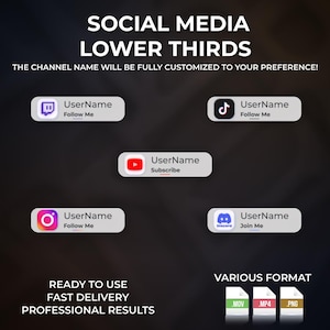 Op de afbeelding: Afbeelding met social media lower thirds met pictogrammen voor Twitch, TikTok, YouTube, Instagram en Discord. Tekst bevat "UserName" en oproepen tot actie zoals "Follow Me" en "Subscribe". Extra tekst luidt "Ready to Use", "Fast Delivery" en "Professional Results".