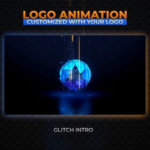 May include: A digital logo animation with a blue and orange color scheme. The text "LOGO ANIMATION CUSTOMIZED WITH YOUR LOGO" is displayed at the top, and "GLITCH INTRO" at the bottom. The background is dark with a diamond pattern.