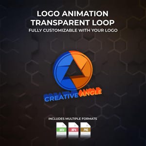 May include: A graphic promoting logo animation services. The design features a blue and orange circular logo with the text "CREATIVE ANGLE." Text at the top reads "LOGO ANIMATION TRANSPARENT LOOP." Includes MOV, MP4, and PNG file formats.