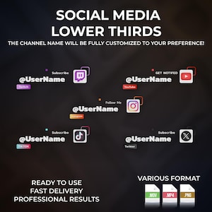 May include: A dark background with the text "SOCIAL MEDIA LOWER THIRDS". The image displays examples of social media lower thirds for platforms like Twitch, YouTube, Instagram, TikTok, and Twitter. The text includes "READY TO USE", "FAST DELIVERY", and "PROFESSIONAL RESULTS".