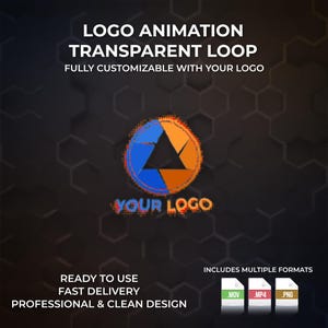 Può includere: Grafica digitale che promuove servizi di animazione del logo. Il design presenta un logo circolare con elementi blu, arancioni e neri, e il testo "YOUR LOGO". Il testo aggiuntivo include "LOGO ANIMATION TRANSPARENT LOOP" e icone di formato file.