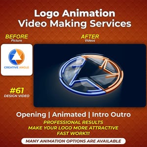 以下が含まれることがあります： ロゴアニメーションと動画制作サービスの広告。画像には、ロゴのビフォーアフター比較があり、「Logo Animation Video Making Services」というテキストが表示されています。追加のテキストには「Opening | Animated | Intro Outro」が含まれています。