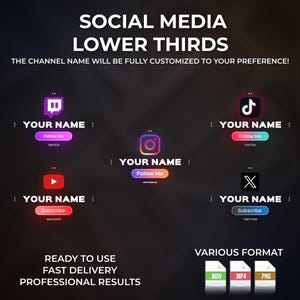 May include: A dark graphic featuring social media lower thirds for platforms like Twitch, TikTok, Instagram, WhatsApp, and Twitter. Each design includes a space for "YOUR NAME" and a call to action. The image also states "READY TO USE, FAST DELIVERY, PROFESSIONAL RESULTS" and various file formats.