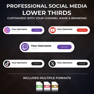 May include: A set of professional social media lower thirds featuring white rounded rectangular bars with icons for Instagram, YouTube, Twitch, TikTok, and X. Each bar displays placeholder text for a username and a call-to-action button.