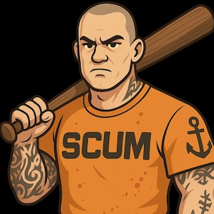 Könnte beinhalten: Illustration eines tätowierten, glatzköpfigen Mannes, der ein orangefarbenes T-Shirt mit dem Wort "SCUM" und einem Anker trägt. Er hält einen Baseballschläger über seiner Schulter, mit einem strengen Gesichtsausdruck.