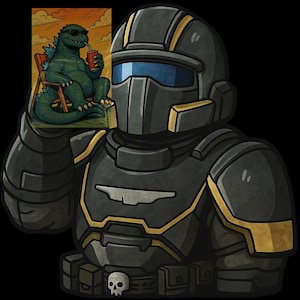 Könnte beinhalten: Eine digitale Illustration einer Person in einem schwarz-goldenen Anzug, die ein Bild von Godzilla hält, der sich auf einem Strandstuhl entspannt, eine Sonnenbrille trägt und aus einer Dose trinkt. Das Bild hat einen schwarzen Hintergrund.