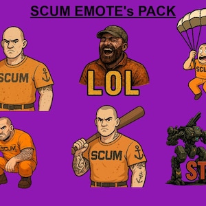 Könnte beinhalten: Ein Paket digitaler Emoticons auf lila Hintergrund. Die Emoticons zeigen Cartoon-Charaktere in orangefarbenen Overalls mit dem Wort "SCUM". Ein Charakter hält einen Stab, ein anderer lacht mit "LOL", und ein anderer springt mit dem Fallschirm. Weitere Emoticons zeigen einen Charakter mit einem Baseballschläger und einen Roboter.