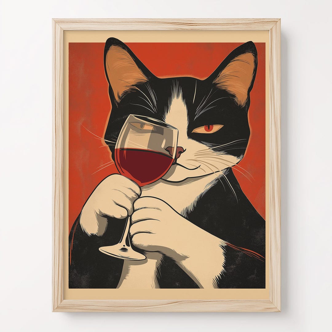 Funny Cat Drinking Wine Art Print, Retro Poster Kitchen Wall Art - Etsy