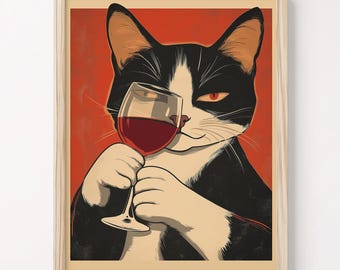 酔っ払った猫の絵画風猫のキャンバスプリント面白い猫のプリントワイン