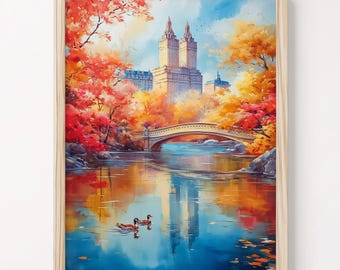 Central Park Autumn Watercolor Painting: The Bow Bridge New York Travel Art Print