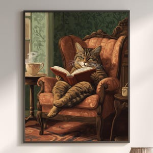 Cat Reading, Cat Wall Art, Animal Poster, Cat Lover Gift, Book Lover Gift, Cat Print, Funny Cat Print, Trendy Cat Print, Study Room Wall Art