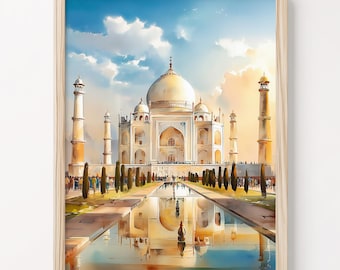 Taj Mahal Watercolor Painting: India Poster, Agra Travel Wall Art Print