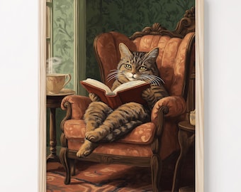 Impression de lecture de chat, art de chambre à coucher confortable, illustration de chat amateur de livres, affiche d'animal vintage