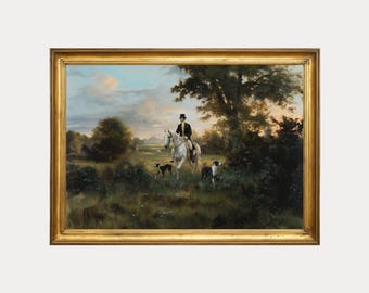Pode incluir: Pintura antiga emoldurada que retrata um cavaleiro montado num cavalo branco, acompanhado por dois cães, numa paisagem rural. A obra de arte apresenta uma moldura dourada e mostra uma cena equestre clássica com vegetação exuberante e uma paleta de cores suaves.