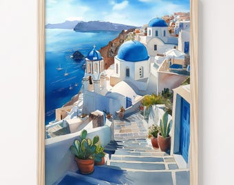 サントリーニ島 水彩画 ギリシャ オリジナル絵画 オーダーメイド 旅行