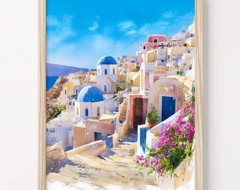 サントリーニ島 水彩画 ギリシャ オリジナル絵画 オーダーメイド 旅行