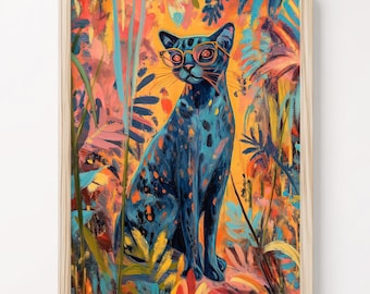 Pintura al óleo de gato negro: Impresión de arte mural maximalista, póster de decoración de pared moderno y vibrante