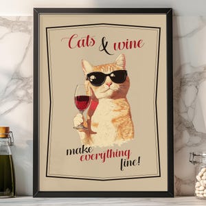 Cat Drinking Wine, Funny Cat With Glasses, Cat Lover Gift, Cat Wall Art, Funny Kitchen Wall Art, Home Bar Decor, Funny Wine Lover Gift, Art