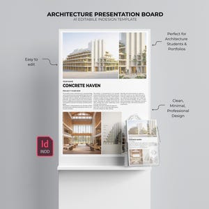 Può includere: Un modello di presentazione di architettura con il testo "ARCHITECTURE PRESENTATION BOARD" e "CONCRETE HAVEN". Il design è pulito e minimalista, con immagini di edifici e testo facile da modificare. Ideale per studenti di architettura e portfolio.
