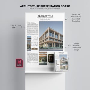 May include: An architecture presentation board template with the text "ARCHITECTURE PRESENTATION BOARD" and "PROJECT TITLE". The design includes images of a modern building and architectural plans. The template is easy to edit and perfect for architecture students and portfolios.
