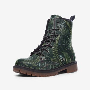 FERN & Mushrooms Goblincore Vegan Leather Combat Boots, Witchy Vegan Leather Lightweight Combat Boots, Woodland Plants High top Boots