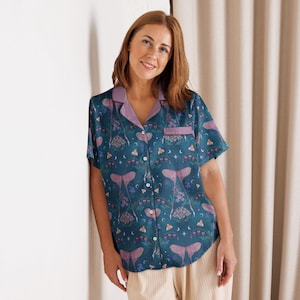 PINK MOTH & Broken Hearts Flowers Short Sleeve Satin pajama shirt, Floral Butterfly Silky Shirt, Mystical Loungewear Shirt, Nightwear Top