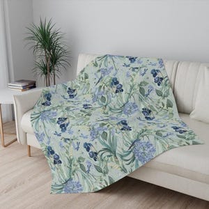 COTTAGECORE BIRDS Mint Double side Velveteen Minky Blanket, Floral Birds Throw Blanket, Botanical Sofa Blanket, Birds & Flowers Bedspread
